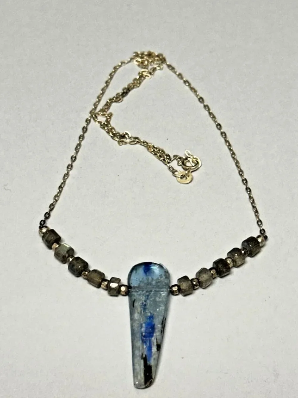 Kyanite Pendant Necklace Sterling Silver Blue Stone Beaded Chain Artisan